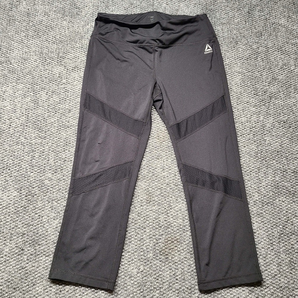 Reebok Womens Capri Mesh Paneling Training Leggings Black Size Small Gym